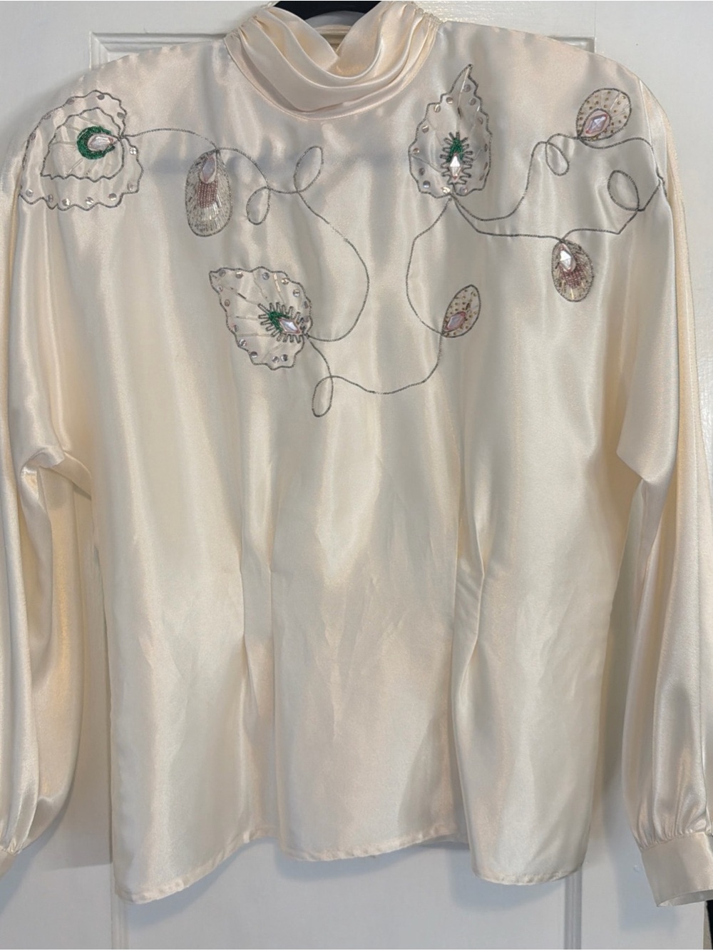 Vintage Cream Satin Blouse with Green & Metallic Embroidery